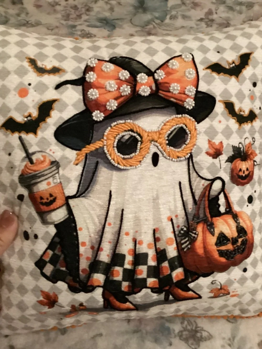 New GhoulishHalloween Decorative Pillow- ghost with coffee-14x14”